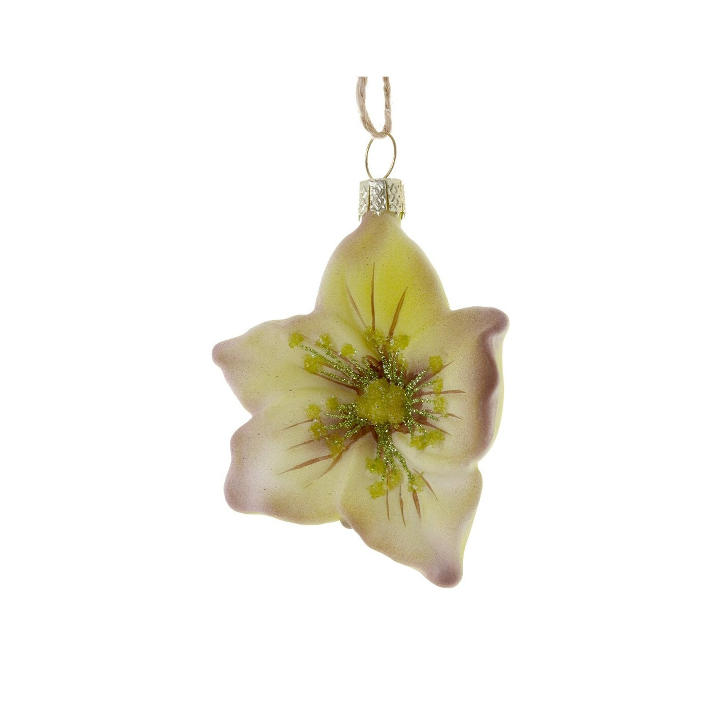 Decorative glass ornament shaped like a flower with a yellow center on a white background