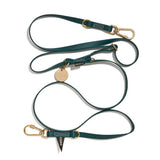 An adjustable, hunter green colored dog leash with brass lockable carabiners and rubber coated webbing.