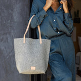 Hana Merino Wool Felt Tote, Granite Felt / Natural Leather