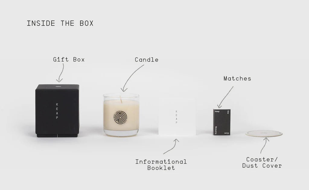 Product packaging with candle, gift box, matches, and coaster on a white background