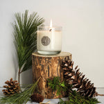 Candle on a wooden stump with pine cones and branches on a light background