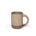 A medium sized ceramic mug with handle in a warm pale brown color featuring iron speckles and unglazed rim and bottom base.