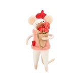 felt mouse with a red hat and flower bouquet 