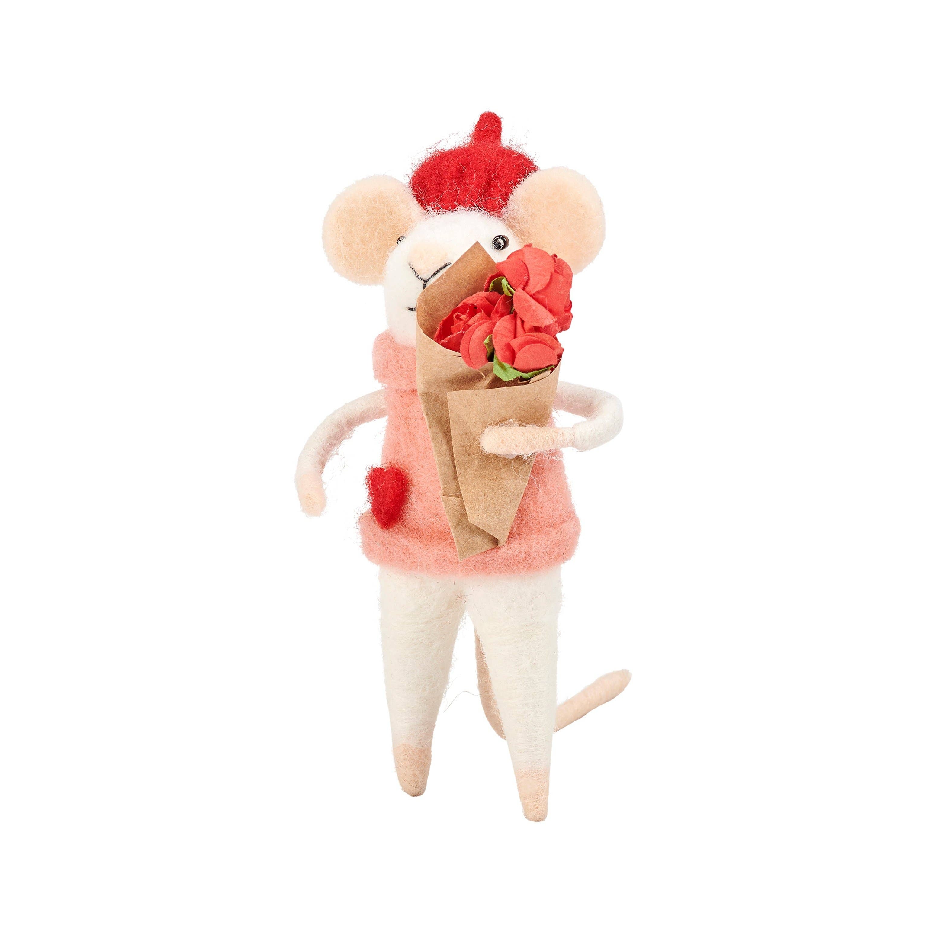 felt mouse with a red hat and flower bouquet 