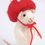 felt mouse with red hat tied in a bow