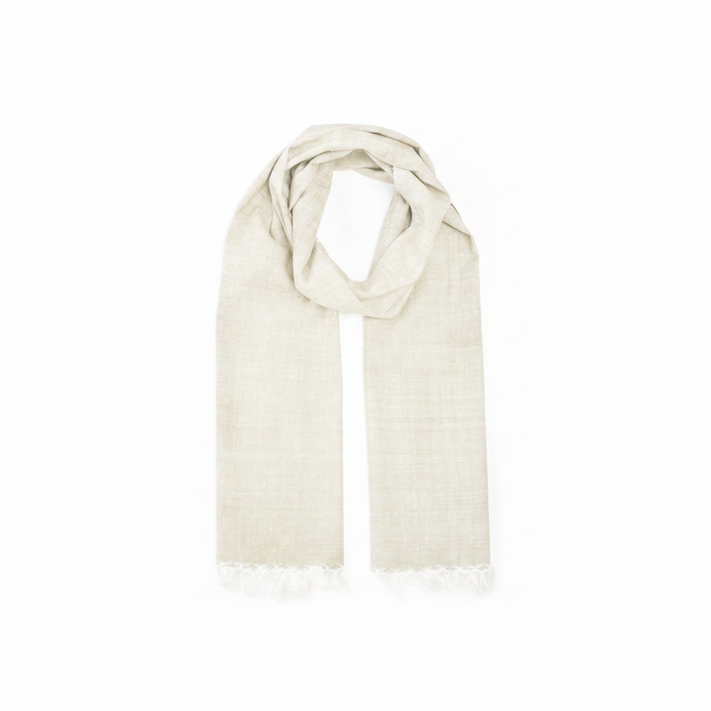 A light beige woven scarf with fringed edges, draped in a looped style against a plain white background.
