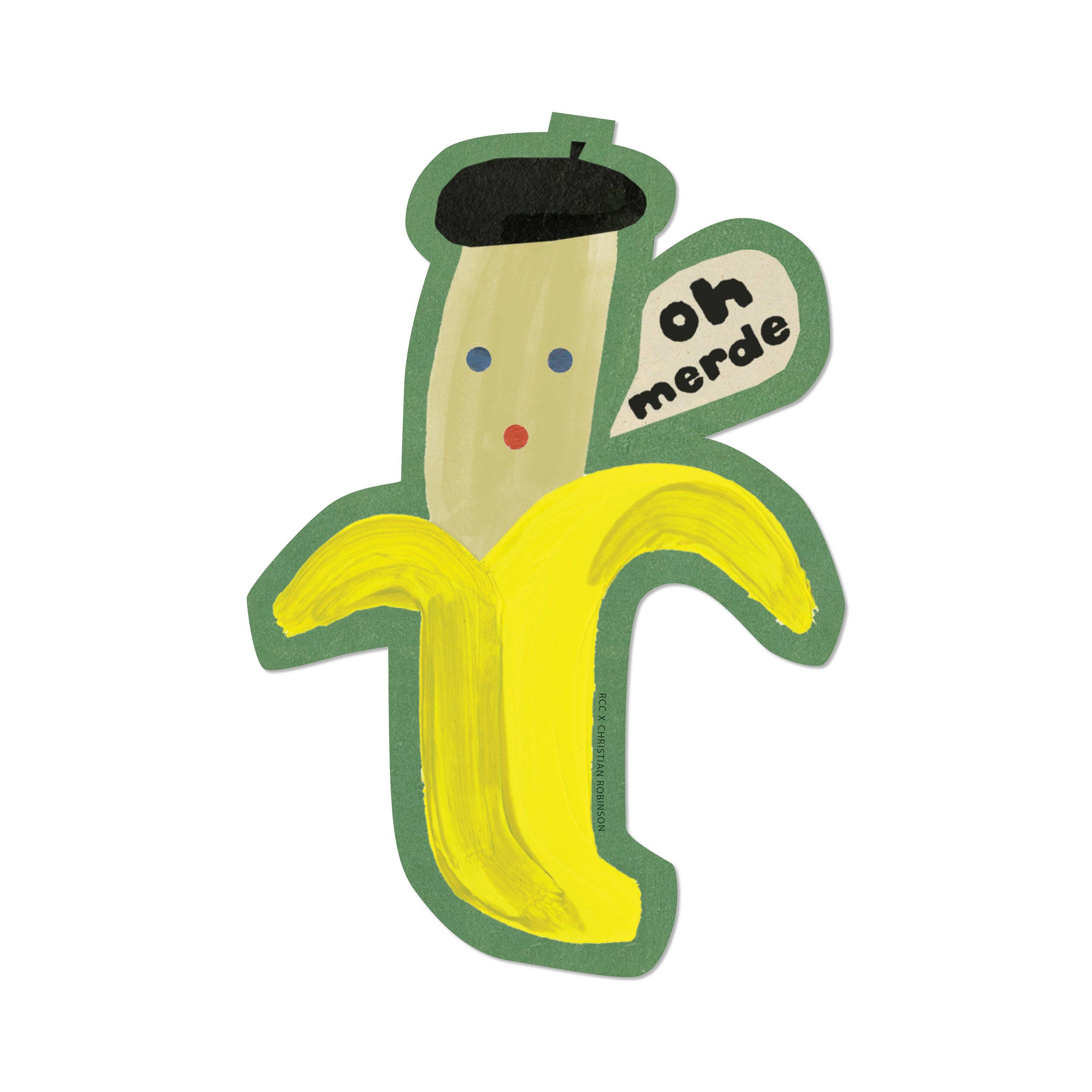 painting of banana in a beret with "oh merde" word bubble