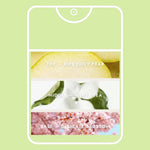 Tea flavor profile with images of a ripe juicy pear, white tea, and delicate blossom on a green background.