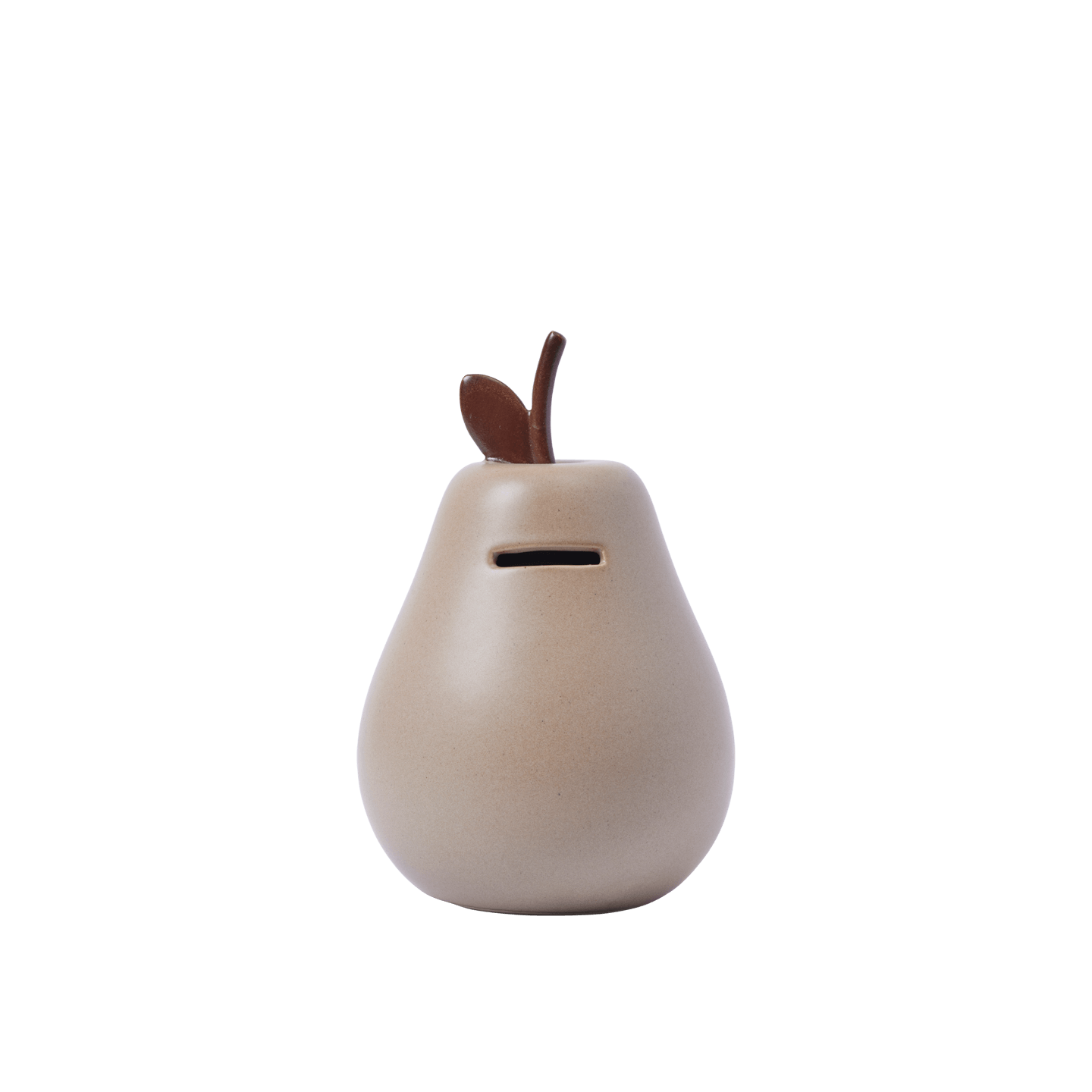 Beige pear-shaped container with a brown leaf on a black background