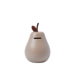 Beige pear-shaped container with a brown leaf on a black background