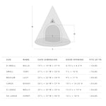 Measurement chart for different sizes of triangular pet caves with dimensions and weight capacity.