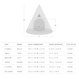Measurement chart for different sizes of triangular pet caves with dimensions and weight capacity.