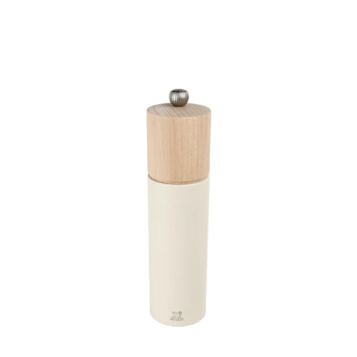 White salt grinder with wooden top on a white background