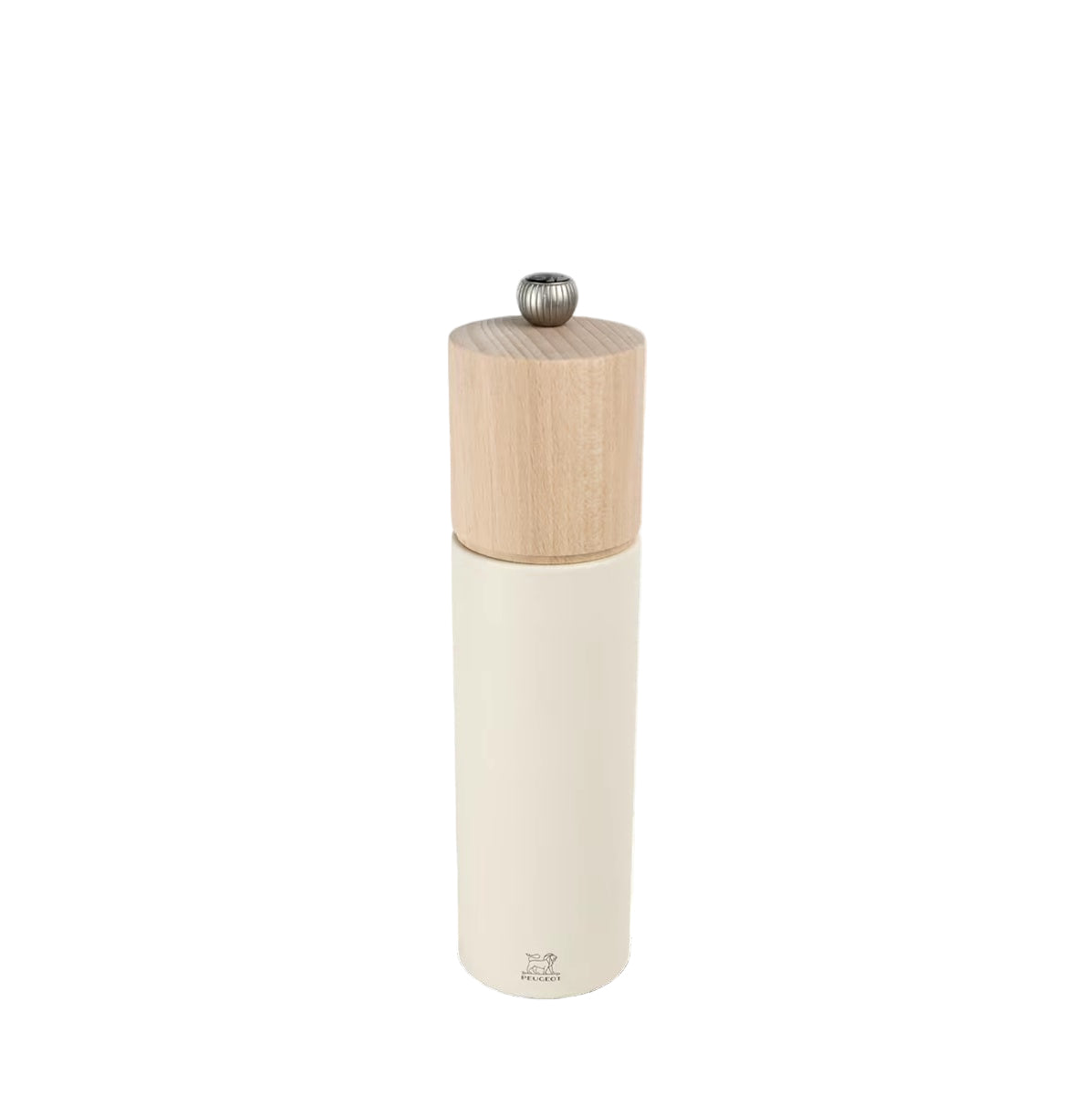 White salt grinder with wooden top on a white background