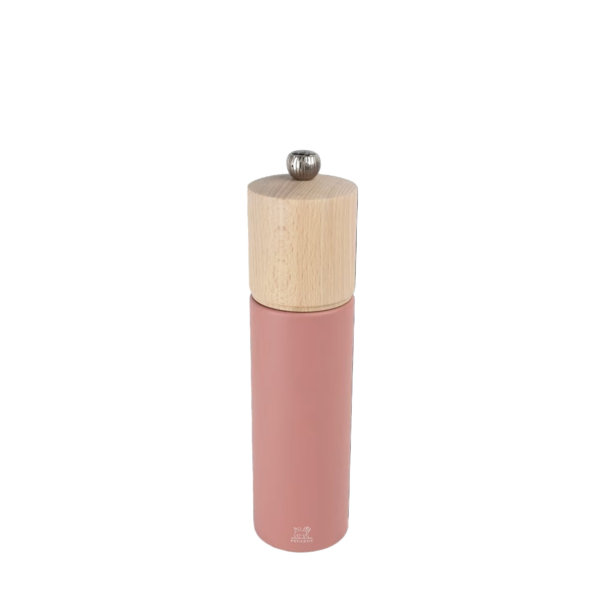 Pink pepper grinder with wooden top on a black background