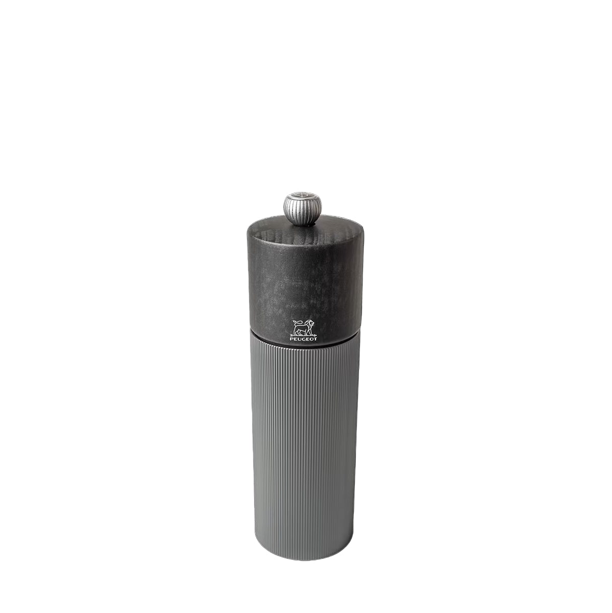 Gray pepper grinder with grey wooden top and metal body with Peugeot logo