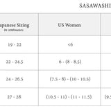 Table showing size conversion for SASAWASHI room shoes between Japanese sizing, US women's, and US men's measurements.