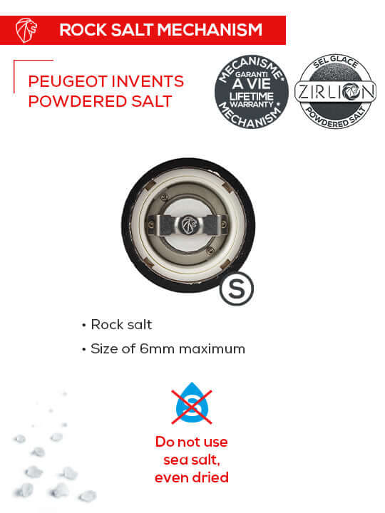 Peugeot powdered salt mechanism with Zirilion logo on a white background