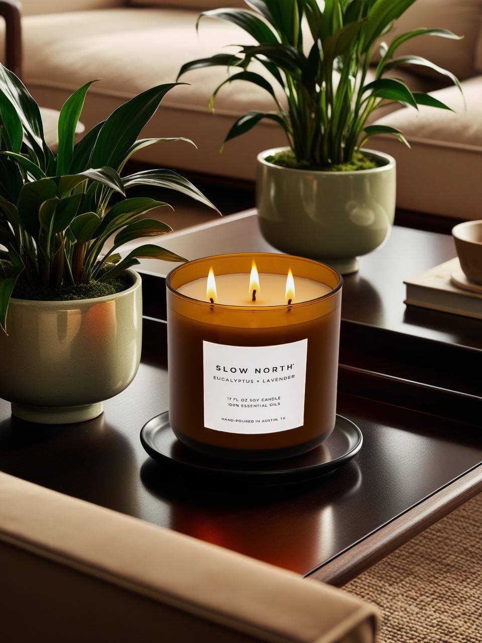 Candle with 'Slow North' label on a table with plants and books in a cozy living room.