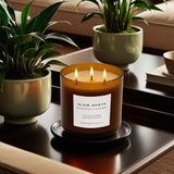 Candle with 'Slow North' label on a table with plants and books in a cozy living room.