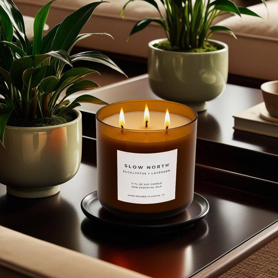 Candle with 'Slow North' label on a table with plants and books in a cozy living room.