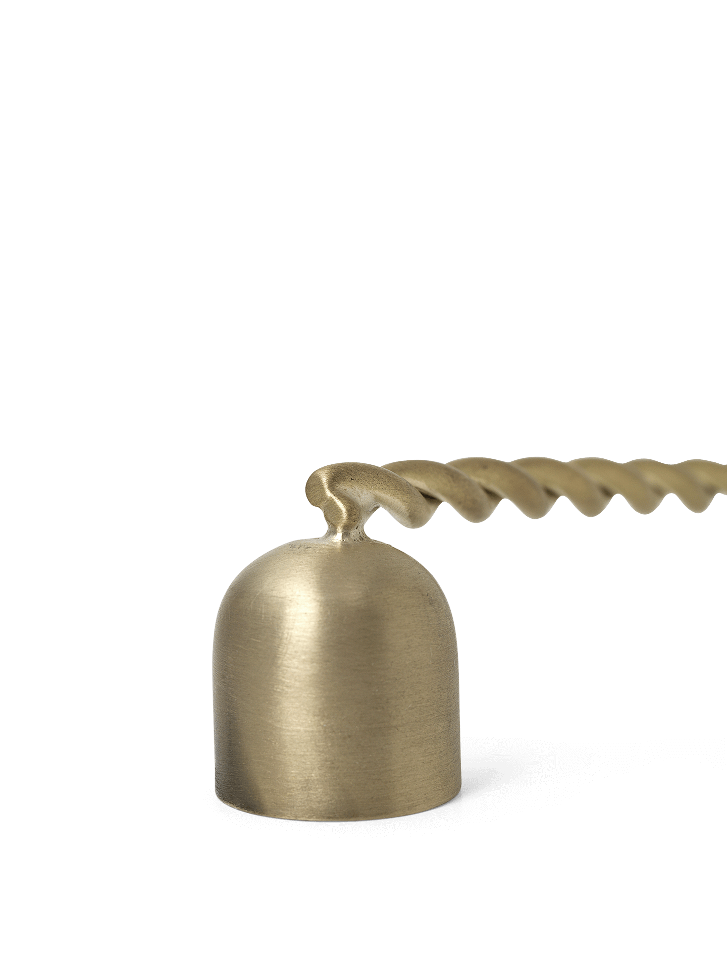 close up detail of head of brass snuffer with a twisted handle 