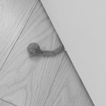 Small gray object on a wooden surface with a white background