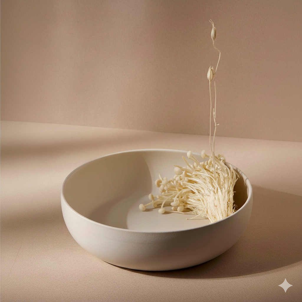 White bowl with enoki mushrooms on a beige background