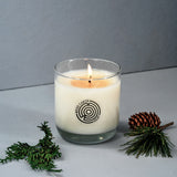 Candle in a glass jar with a logo, surrounded by greenery on a gray background