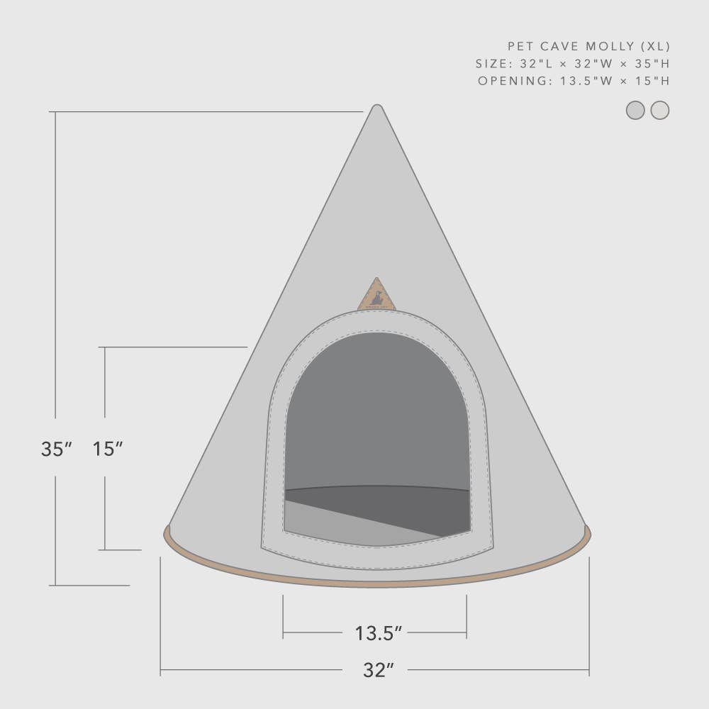 Triangular pet cave with dimensions on a white background