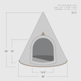 Triangular pet cave with dimensions on a white background