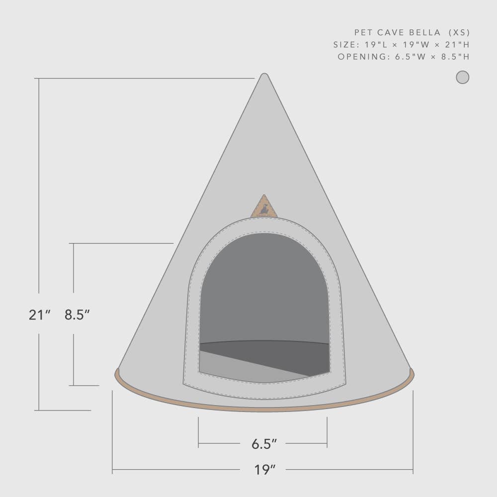 Triangular pet cave with dimensions on a white background