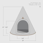 Triangular pet cave with dimensions on a white background