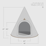 Triangular pet cave with dimensions on a white background