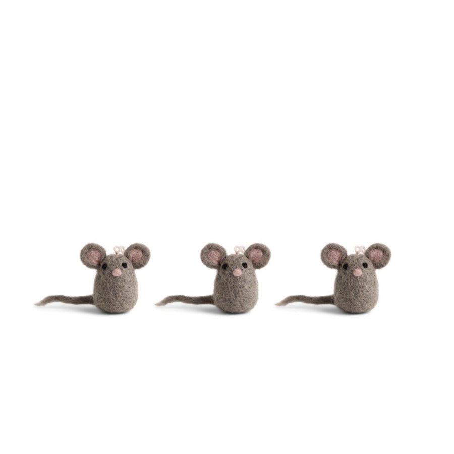 three felt mini mice ornaments in a row