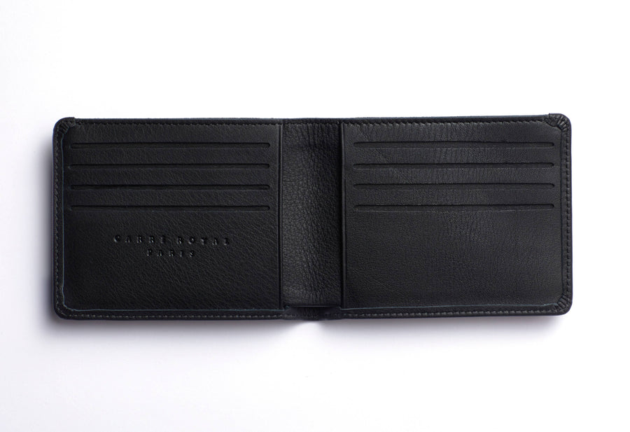 Black leather wallet in a rectangular shaped, unfolded to show 8 card slots and two compartments behind the slots.