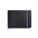 Black leather wallet with blue and burgundy elastic strap holding it closed on one end.