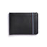 Black leather wallet with blue and burgundy elastic strap holding it closed on one end.