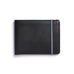 Black leather wallet with blue and burgundy elastic strap holding it closed on one end.