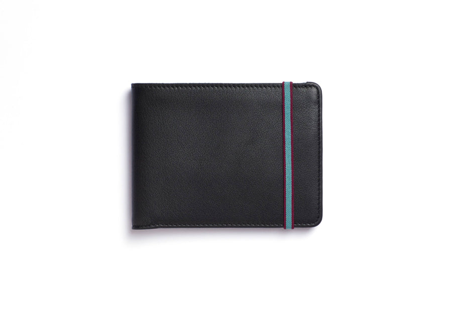 Black leather wallet with blue and burgundy elastic strap holding it closed on one end.