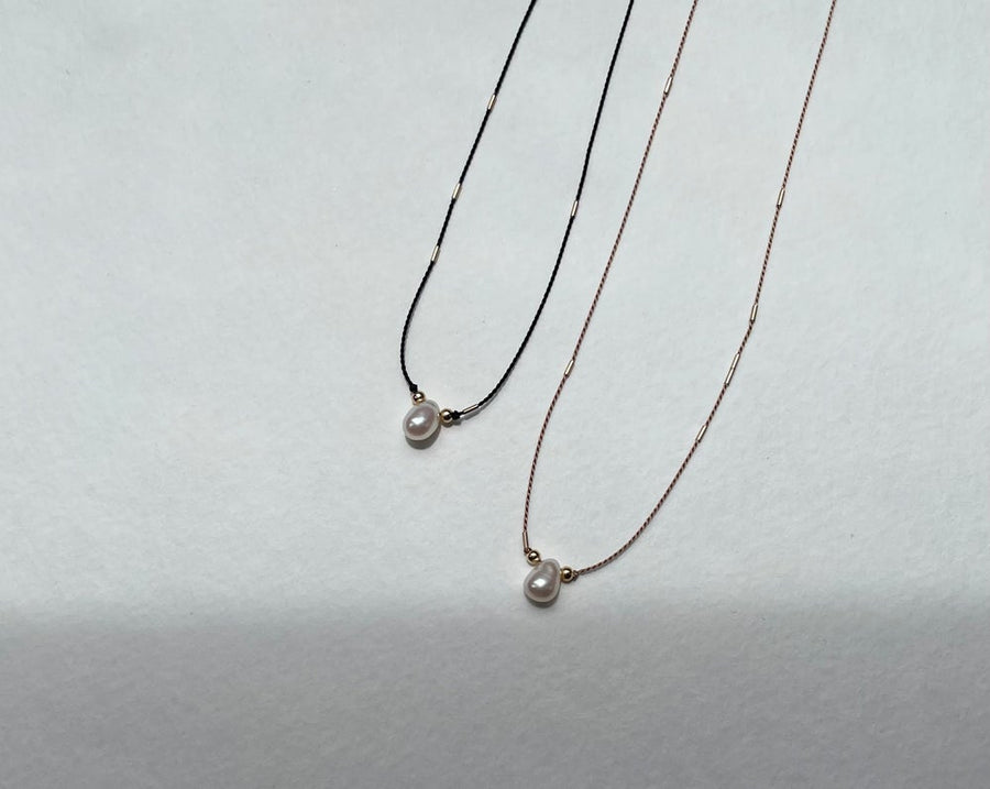 Cinq Droplet Necklace, Beige Silk Cord