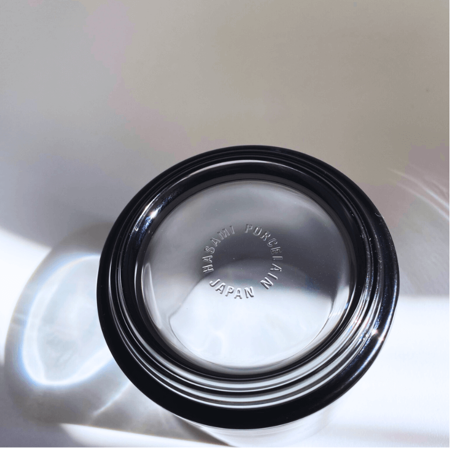View of the bottom of a Hasami Porcelain glass tumbler showcasing its quality and craftsmanship, made in Japan.