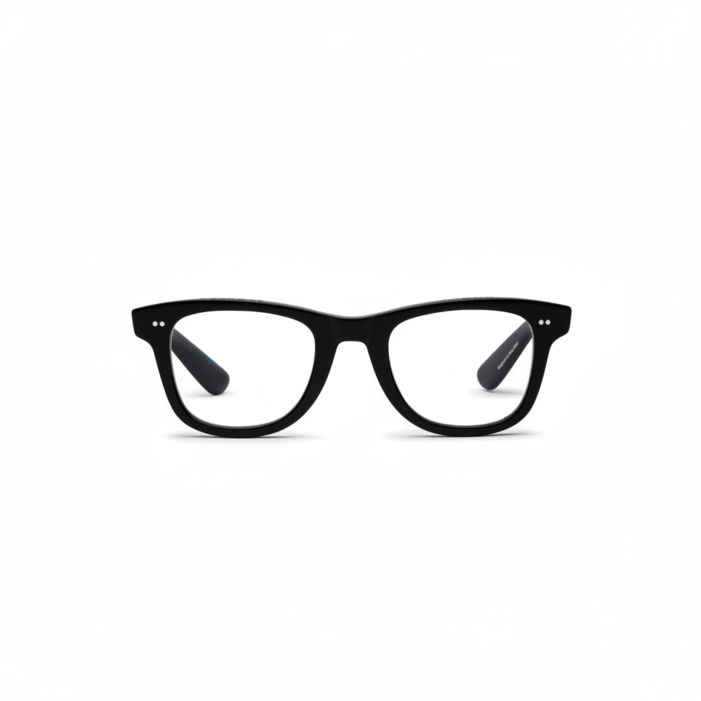 A pair of gloss black full frame eyeglasses with a rectangular shape and visible blue-light blocking lenses.