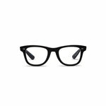 A pair of gloss black full frame eyeglasses with a rectangular shape and visible blue-light blocking lenses.