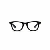 A pair of gloss black full frame eyeglasses with a rectangular shape and visible blue-light blocking lenses.