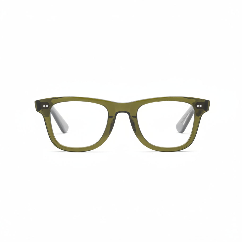 A pair of square-framed, heritage green eyeglasses with a clear lens and visible blue-light blocking technology.