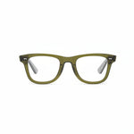 A pair of square-framed, heritage green eyeglasses with a clear lens and visible blue-light blocking technology.