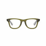 A pair of square-framed, heritage green eyeglasses with a clear lens and visible blue-light blocking technology.