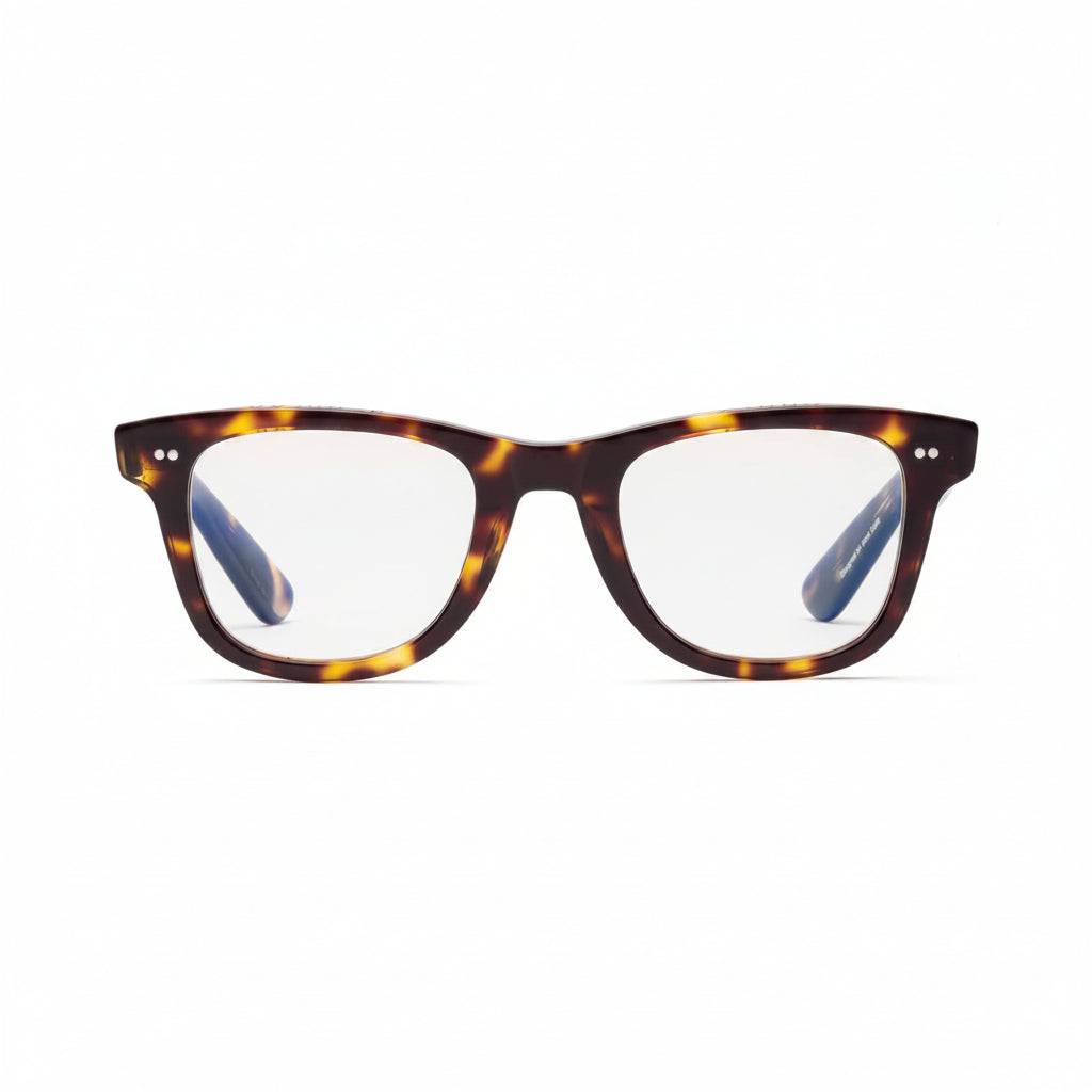 A pair of rectangular full frame eyeglasses with a gloss tortoise pattern on the frames.