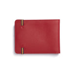 Back view of red leather rectangular wallet, with light brown and black elastic ends stitched onto wallet.